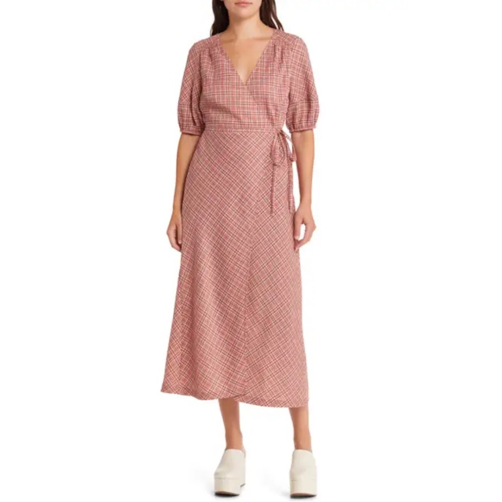 Treasure & Bond Pink Plaid Wrap Midi Dress Size Small